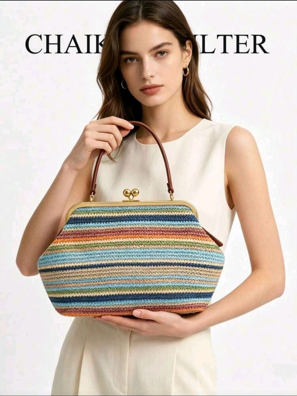 NWT Multicolor Striped Woven Frame Top-Handle Bag